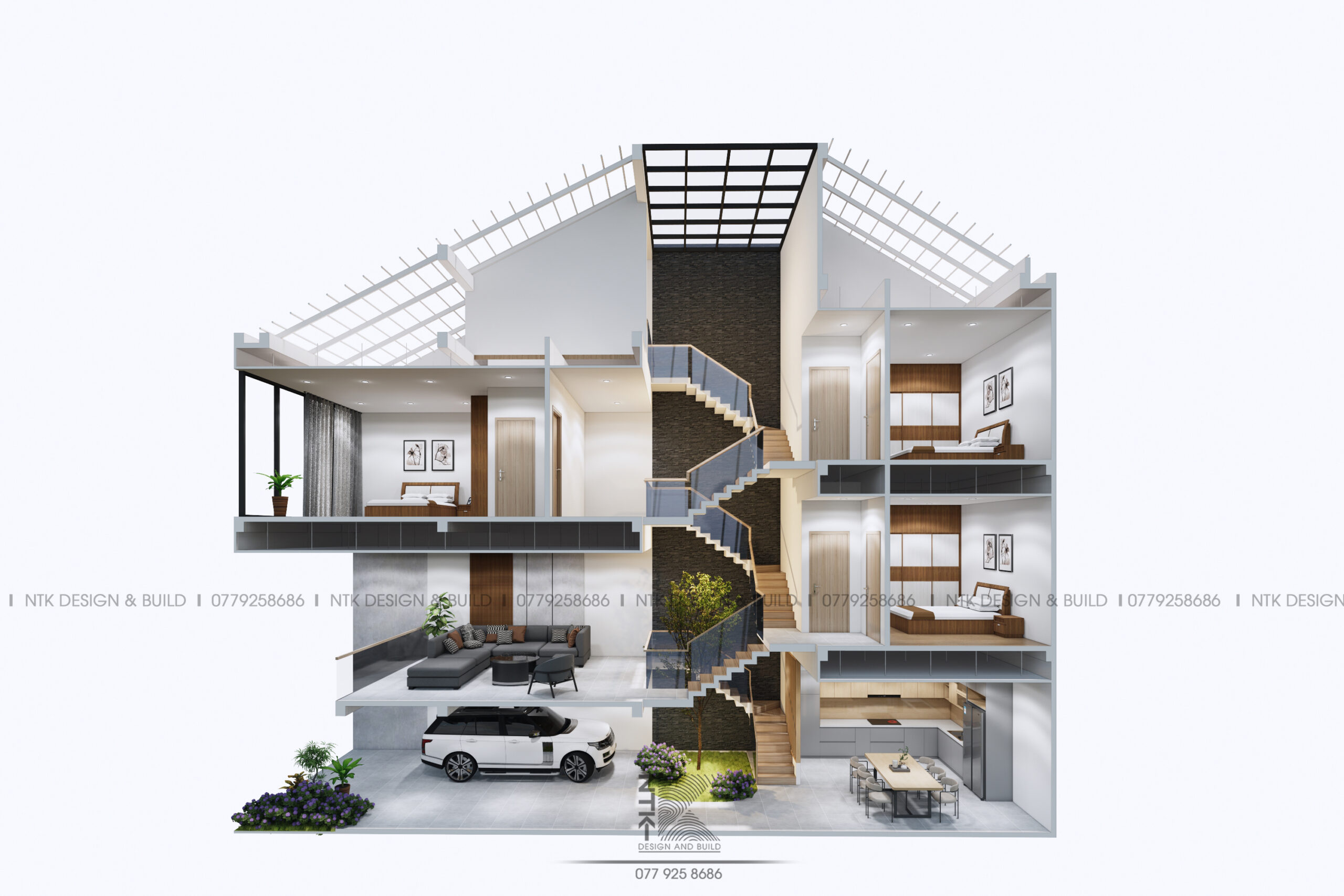 a house with stairs and a car